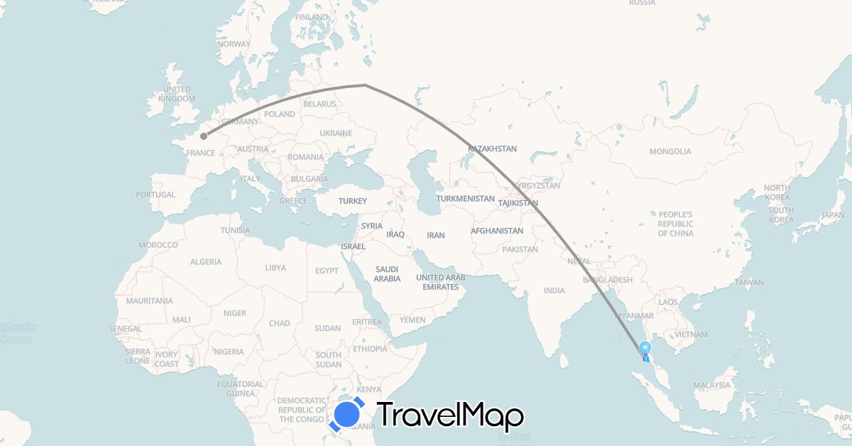 TravelMap itinerary: driving, plane, train, boat in France, Russia, Thailand (Asia, Europe)
